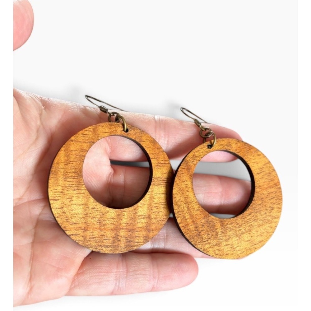 Hawaiian Curly Koa Wooden Earrings Hoop Laser Cut Handmade